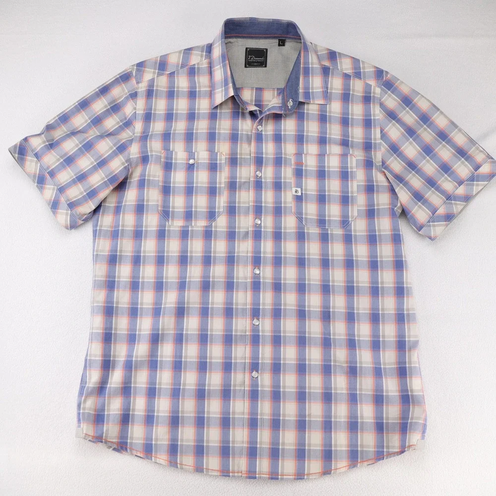 7 Diamonds Mens Large Blue Orange Plaid Pearl Snap Short‎ Sleeve Button Up Shirt